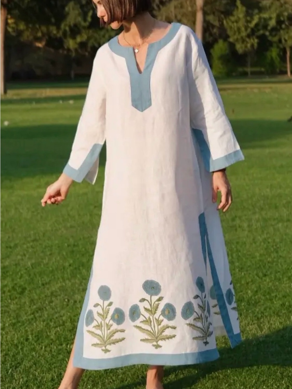 Maison Marigold Linen Maxi Dress with Light Blue Floral Embroidery NWT